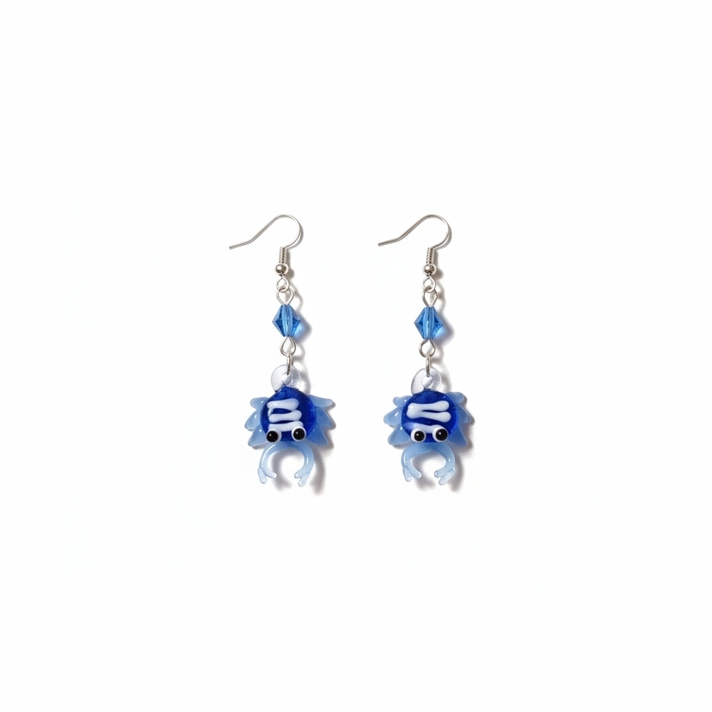Glass Crab Earrings Handmade Artisan Glass Blue White Beaded Beach Summer Dangle - Picture 3 of 7